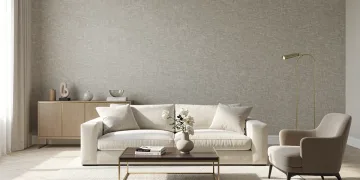 Elegant living room with quiet luxury wallpaper, soft textures, and sophisticated decor