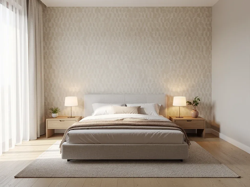 Contemporary bedroom with subtle geometric quiet luxury wallpaper