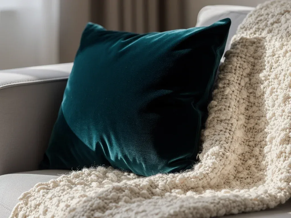 Velvet cushion and bouclé throw on a gray sectional