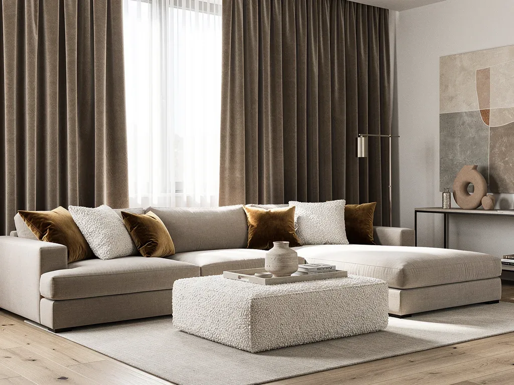 Beige sectional with bouclé ottoman and velvet drapery