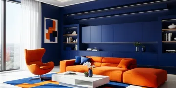 Modern living room with evolving 60-30-10 color rule, high contrast decor