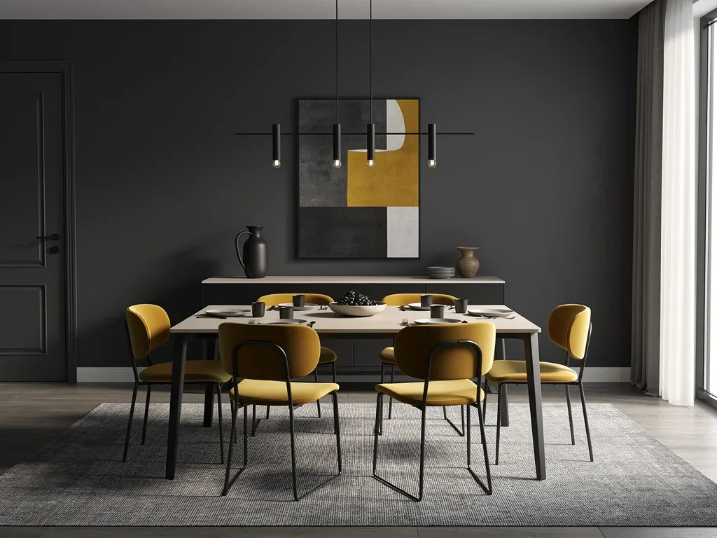 Sophisticated dining area with 70-20-10 color proportion, charcoal and mustard
