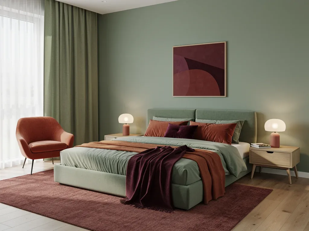 Bedroom interior with 50-25-25 color split, sage green terracotta burgundy