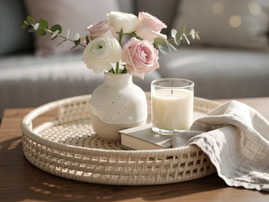 Coffee table with varied textures and fresh flowers