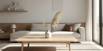 Serene Japandi living room with oak coffee table and minimalist ceramic vase