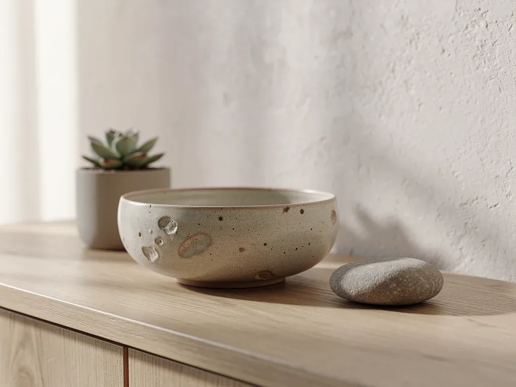 Japandi console vignette featuring ceramic and natural wood elements