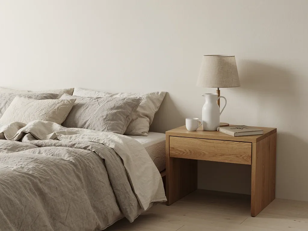 Minimal Japandi bedroom featuring oak furniture and ceramic accessories