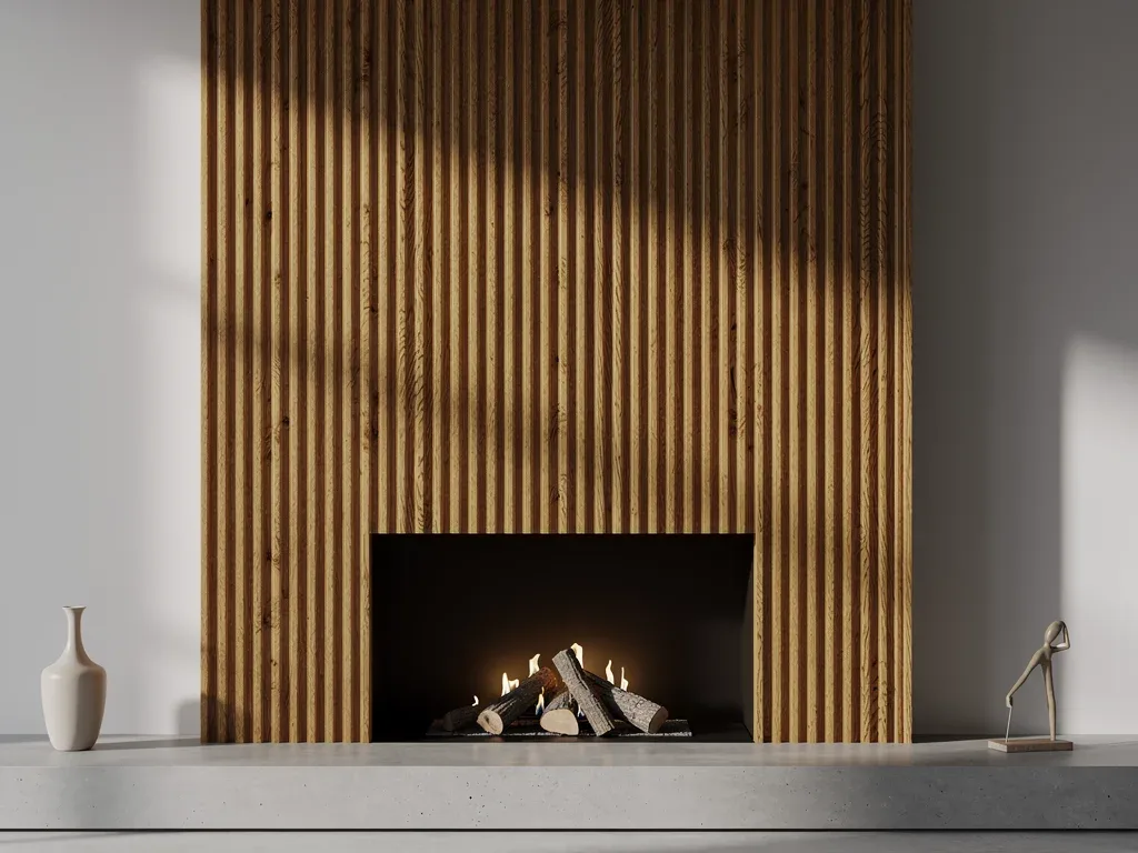 Fluted wood fireplace surround showing vertical architectural texture