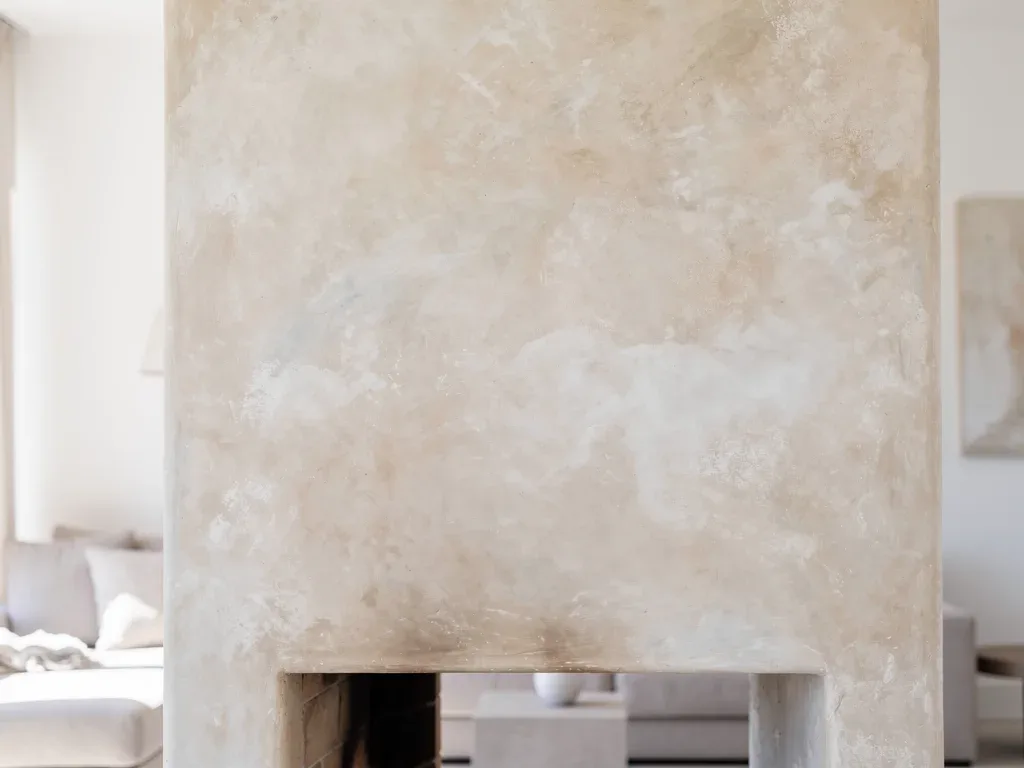 Modern limewash fireplace surround with soft tonal variation and matte texture