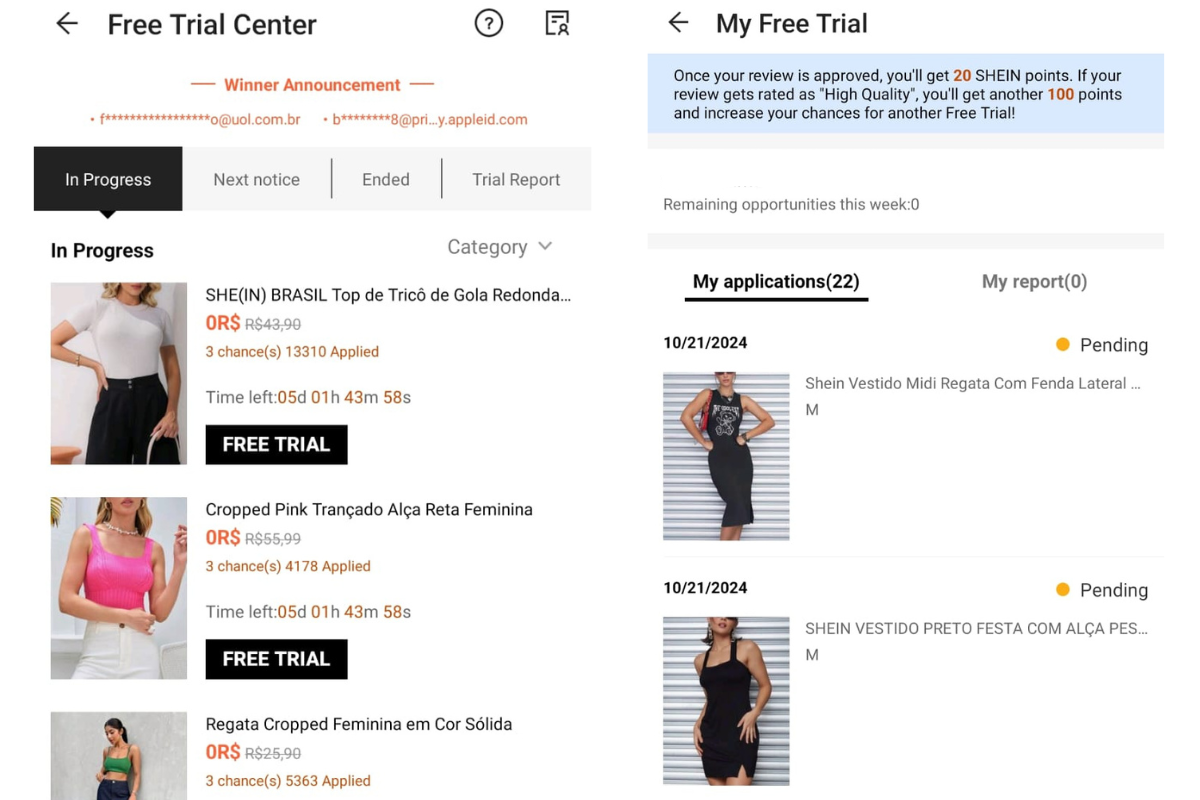 SHEIN FREE TRAIL APP.